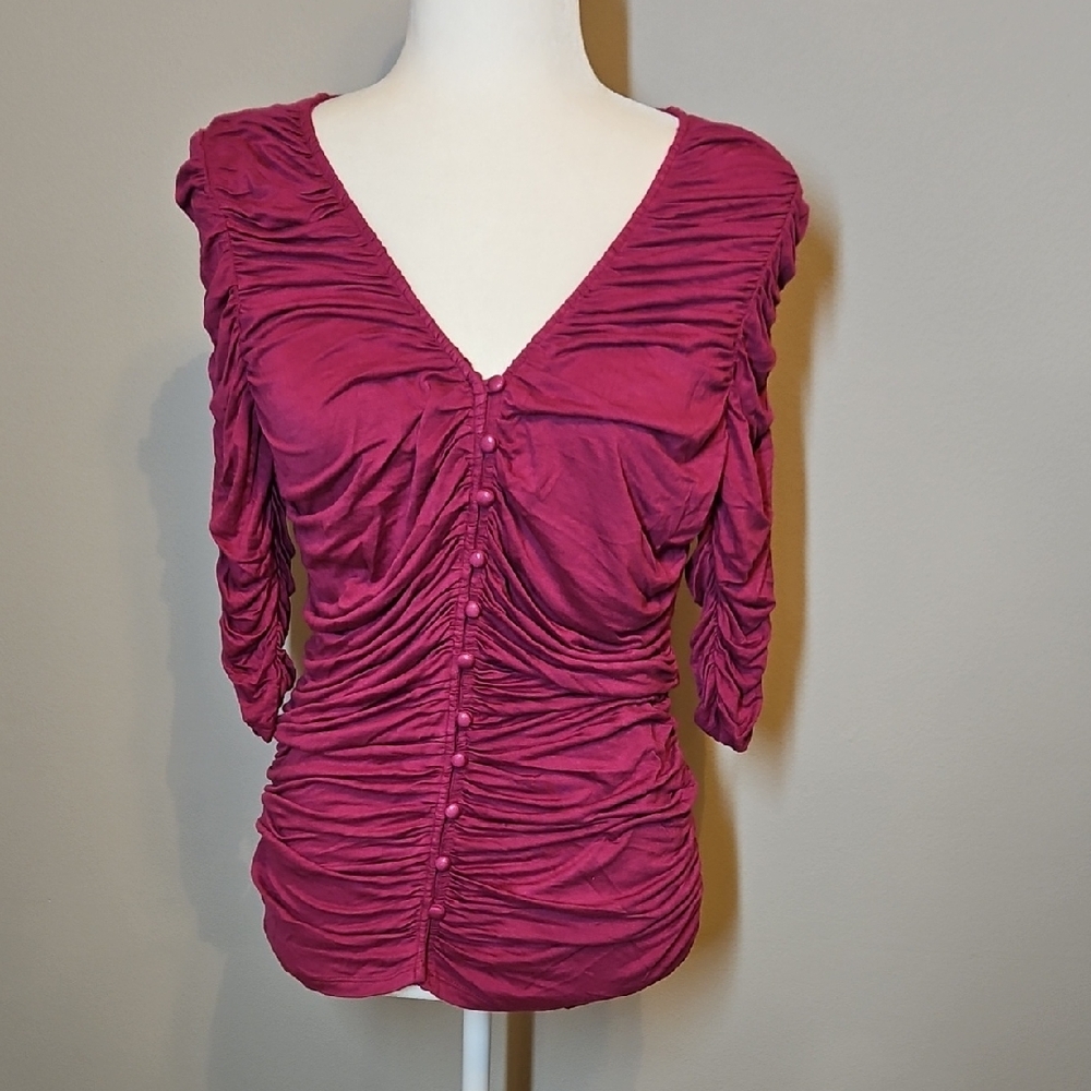 Sunday in Brooklyn Fuchsia Ruched  V-Neck Blouse Top Medium